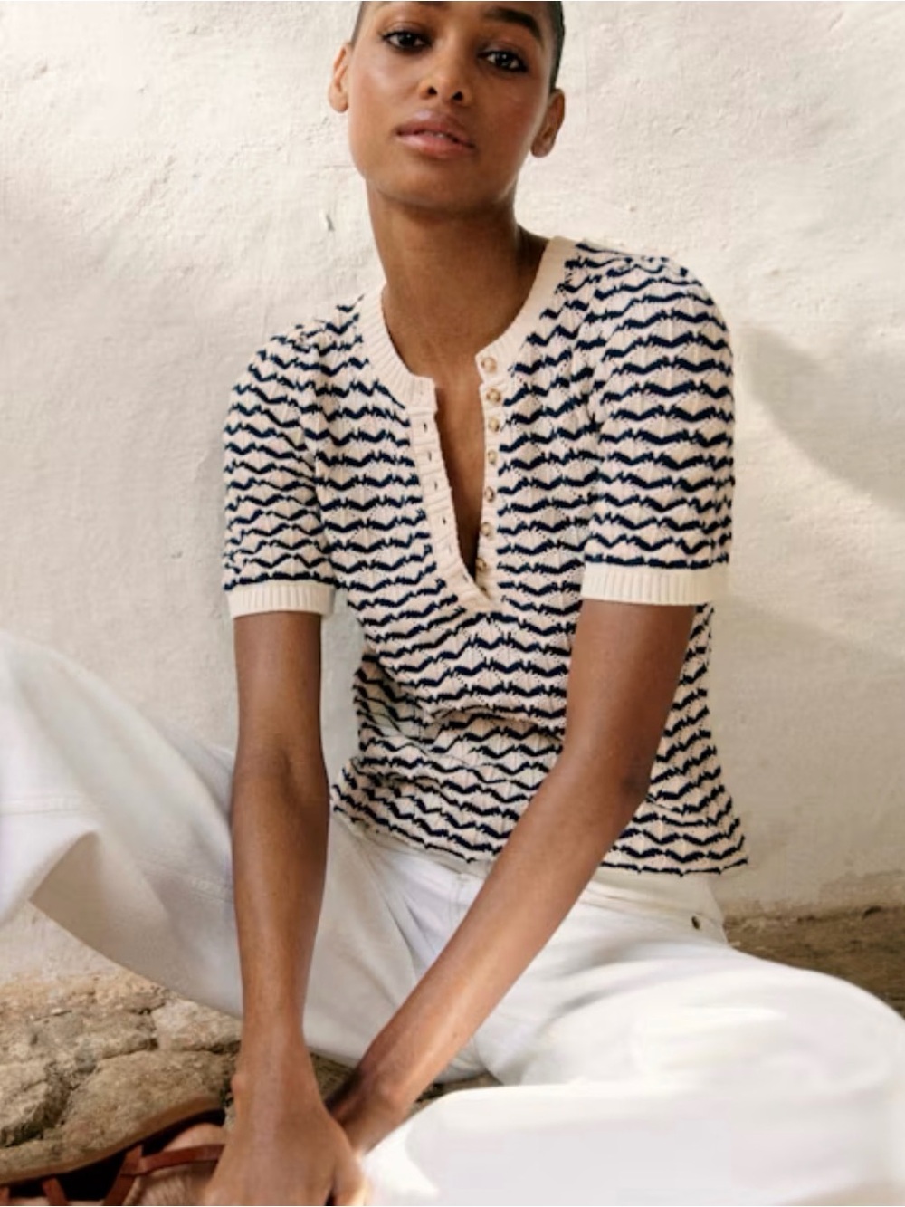 Sezane Cream and Navy Short-Sleeve Knit Top